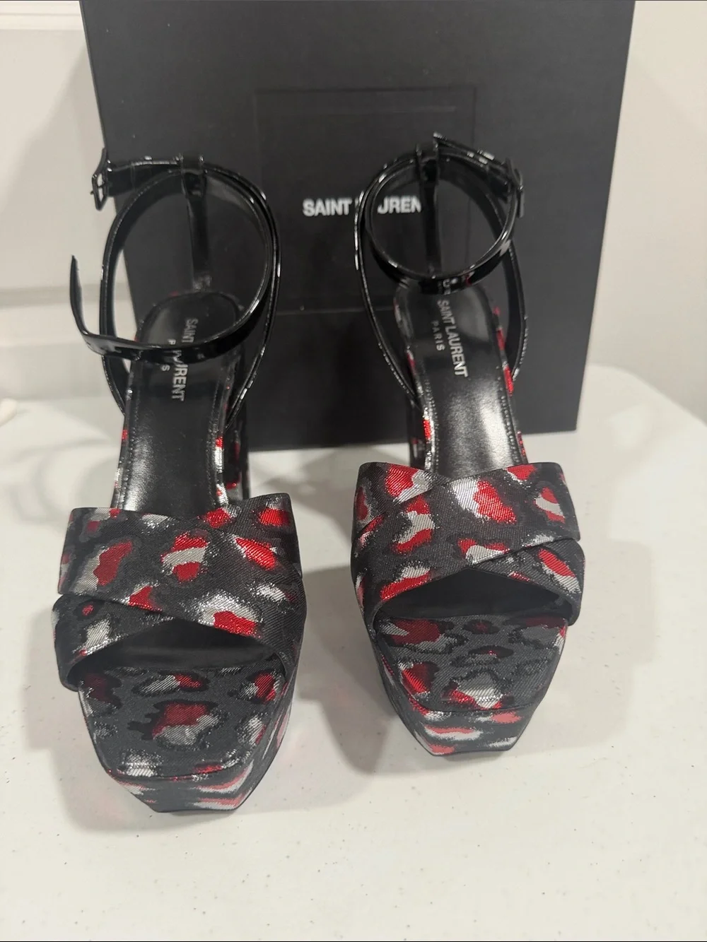 NWT Authenticated Saint Laurent Black and Red Patterned Platform Heels